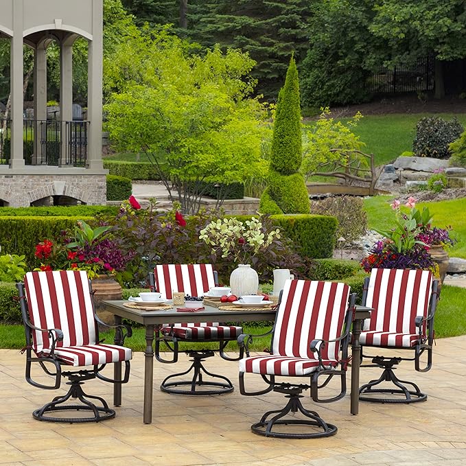 Arden Outdoor Dining Chair Cushion, 20 in x 20 in, Weather-Proof, Rain-Proof, Fade Resistant Patio Cushion for Patio, Dining, or Rocking Chairs 20 x 20, Ruby Red Cabana Stripe