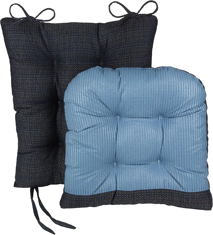 Klear Vu Omega Non-Slip Rocking Chair Cushion Set, Assembled in USA, Thick Padding & Tufted Design, Includes Seat Pad & Back Pillow with Ties, 17x17 Inches, 2-Piece Set, Tyson Navy