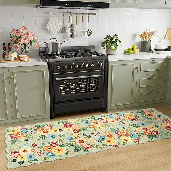 DUKINO 2.6x8 Runner Rug for Hallway, Washable Kitchen Rug with Non Slip Backing & Non-Shediing, Soft Low Pile Floral Design Runner for Bedroom, Kithchen, Living Room, Laundry, Bathroom, Green