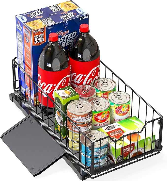 Simple Houseware Pull-Out Cabinet Sliding Basket Organizer, 17.2" D x 9.7" W x 5" H – Black, Ideal for Kitchen and Bathroom Cabinet Storage, Under Sink or Pantry Organization
