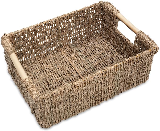 Natural Seagrass Storage Basket with Handle, Rectangular Woven Organizer Bin for Living Room or Shelf, Decorative Storage Basket, Medium Size 13.4 x 9.3 x 4.9 Inches