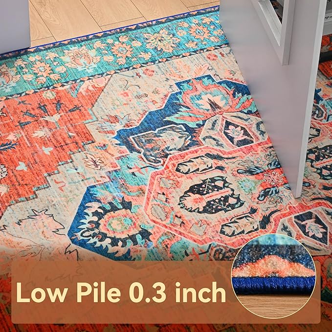 YJ.GWL Area Rugs for Living Room 6x9 Machine Washable Rugs, Non Slip Floral Vintage Rug Indoor Carpet, Stain Resistant Large Rug for Bedroom Dining Room, Red Blue Gradient Color