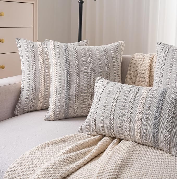 Boho Throw Pillow Covers 20x20 Inch Set of 2, Farmhouse Decorative Couch Pillow Cases, Grey Accent Pillows of Bed, Sofa Bedroom Living Room Home Decor Cushion Cover