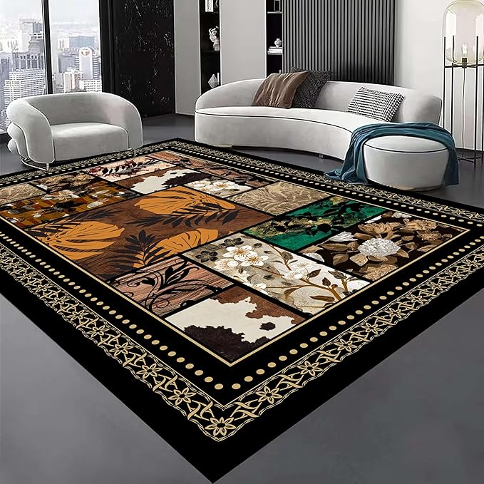 Floral Tropical Patchwork Area Rug 3x4ft, Vintage Black & Brown Country Carpet, Low Pile Non-Slip Mat for Cozy Bedroom, Dining Room, Farmhouse Decor