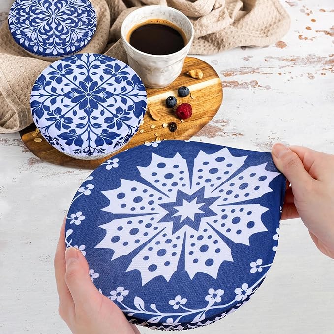 5 Pieces Bowl Covers Reusable, 5 Size Elastic Cloth Bowl Covers for Bread Proofing Stretch Food Covers Washable for Food Fruits Leftover (Blue Coconut Tree)