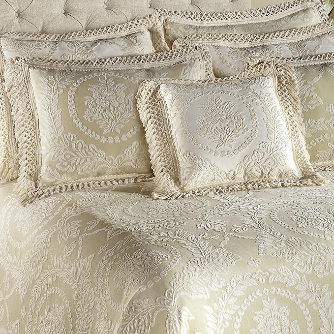 Timeless Vintage Style Bedding | Neutral Sage and Ecru | Textured Matelasse Rose Medallions and Leaves | 6 Pc Lightweight Bed Set: Oversized California King Bedspread, 4 King Shams, & Square Pillow