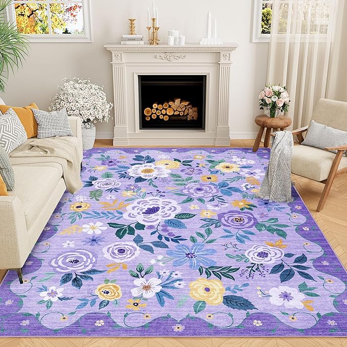 DUKINO 6x9 Area Rug, Floral Rugs for Living Room, Lightweight Non Slip Washable Rug, Indoor Low Pile & Non-Shedding Boho Design Rugs for Bedroom, Living Room, Dining Room, Purple