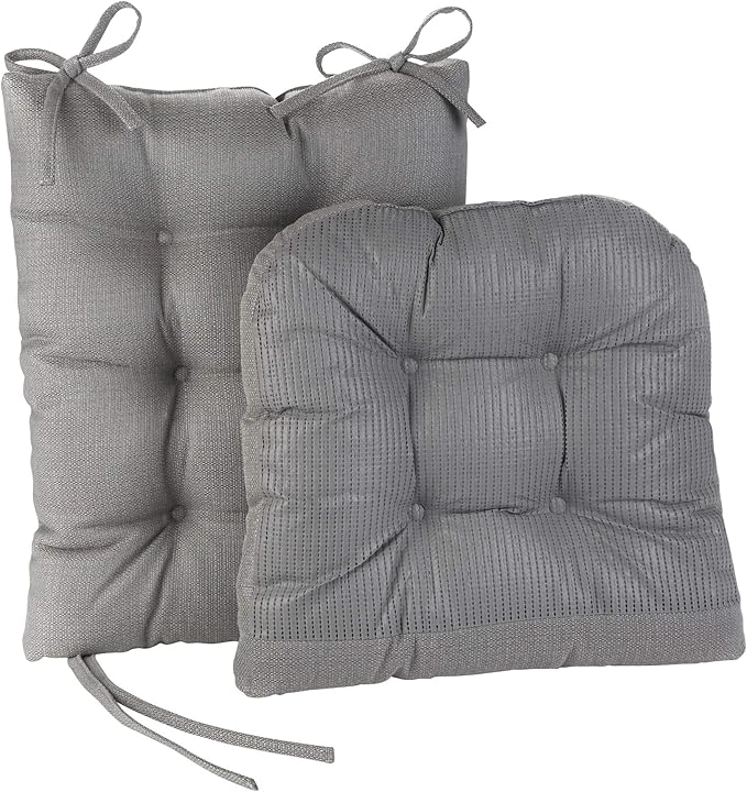 Klear Vu Omega Non-Slip Rocking Chair Cushion Set, Assembled in USA, Thick Padding & Tufted Design, Includes Seat Pad & Back Pillow with Ties, 17x17 Inches, 2-Piece Set, Solid Gray