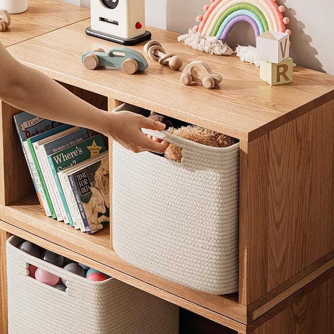 UBBCARE Set of 4 Storage Basket-12 X 12 X 12 in, Cotton Rope Baskets for Shelves, Toys, Book, Cube Storage Bins with Handles, Woven Storage Basket for Organizing, Beige
