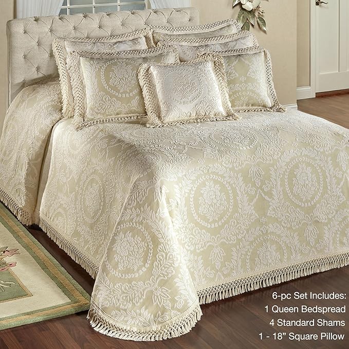 Timeless Vintage Style Bedding | Neutral Sage and Ecru | Textured Matelasse Rose Medallions and Leaves | 6 Piece Lightweight Bed Set: Oversized Queen Bedspread, 4 Standard Shams & Square Accent Pillow