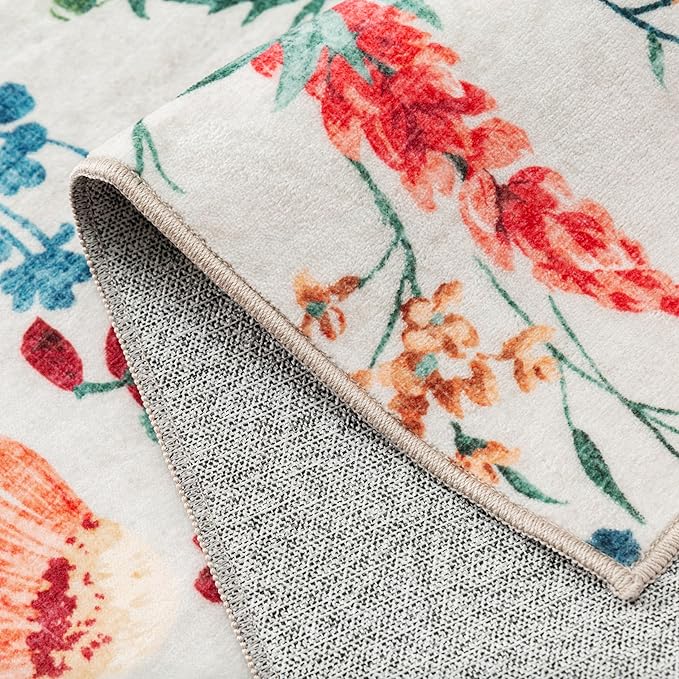 Floral Runner Rug 3x12 Washable Hallway Long Beige Bedroom Carpet Non Slip Indoor Boho Kitchen Low Pile Accent Rug Lightweight Soft for Bathroom Dining Laundry Living Room