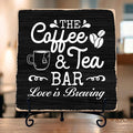 Coffee Bar Sign, Love is Brewing Farmhouse Tabletop Decor, Coffee and Tea Lover Gifts, 5x5 Wood Plaque with Iron Stand for Home Kitchen Cafe, Coffee Bar Decor – L01