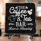 Coffee Bar Sign, Love is Brewing Farmhouse Tabletop Decor, Coffee and Tea Lover Gifts, 5x5 Wood Plaque with Iron Stand for Home Kitchen Cafe, Coffee Bar Decor – L01