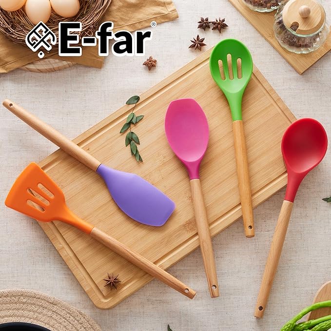 E-far Silicone Cooking Utensils Set, 5-Piece Kitchen Utensils Set with Wooden Handle for Cooking, Silicone Kitchen Nonstick Tools Spatula Turner Slotted Spoons, Nontoxic & Heat Resistant-Colorful
