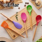 E-far Silicone Cooking Utensils Set, 5-Piece Kitchen Utensils Set with Wooden Handle for Cooking, Silicone Kitchen Nonstick Tools Spatula Turner Slotted Spoons, Nontoxic & Heat Resistant-Colorful