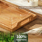 17'' Rattan Serving Tray Rectangle with Handles, Vintage Wicker Table Tray for Decor, Boho Hand Woven Seagrass Coffee Table Basket Tray for Ottoman, Breakfast, Bathroom, Outdoor