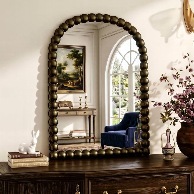 24"×36" Bronze Arched Bathroom Vanity Mirror, Vintage Beaded Decorative Wall Mounted Makeup Mirror, as Wall Decor Hanging Leaning for Fireplace Mantle, Living Room, Bedroom, Vanity Area