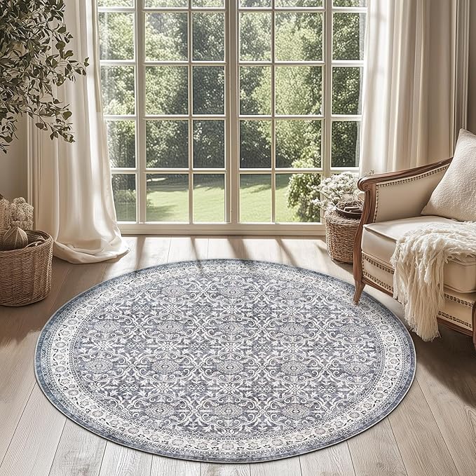 jinchan Round Rug 4ft Washable Circle Soft Rug - Low Pile Vintage 4'Round Indoor Grey Floral Print Stain Resistant Boho Carpet Ultra-Thin Non-Slip for Entryway Nursery Bedroom Dining Room Kitchen