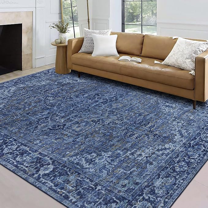 ReaLife Rugs Machine Washable Area Rug - Living Room Bedroom Bathroom Kitchen Entryway Office - Padded Low Pile Stain Resistant Premium - Boho Vintage Traditional - Lyle - Blue 7'6" x 9'6"