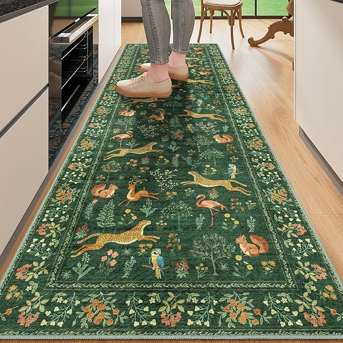 DUKINO 2x6 Rug for Hallway, Washable Kitchen Runner Rug with Non Slip Backing, Soft Low Pile Vintage Animal Runner for Bedroom, Kitchen, Hallway, Entryway, Laundry, Green