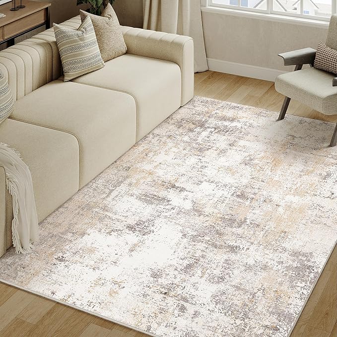 4x6 Washable Area Rug Beige Grey Abstract Entryway Office Throw Rug Neutral Modern Non Slip Soft Low Pile Indoor Carpet for Living Room Bedroom Kitchen Entrance