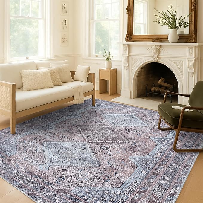 Washable Area Rug. Modern Farmhouse. Vintage. Turkish. Bohemian. Distressed. Oriental. Traditional. Rugs for Living Room. Dining. Bedroom. Office. Entryway. Foyer. (863BM, 7'5" x 9'8")