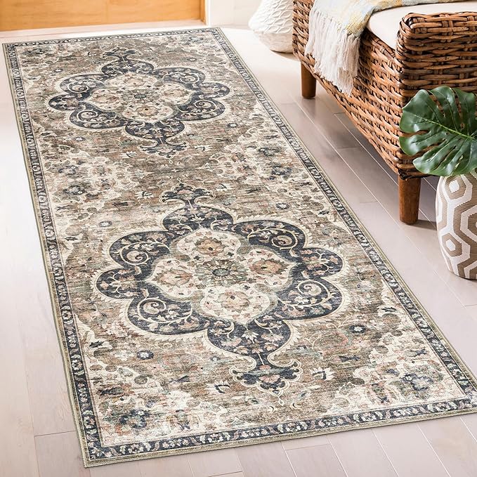 ReaLife Rugs Machine Washable Area Rug Runner - Living Room Bedroom Bathroom Kitchen Entryway Office - Padded Low Pile Stain Resistant Premium - Boho Farmhouse Vintage - Joy - Brown Beige 2'6" x 10'