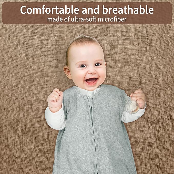 Muslin Crib Sheets for Boys Girls 100% Cotton Fitted Baby Crib Sheet 2 Pack Soft and Breathable for Standard Crib Mattress & Toddler Mattress 52x28in (Beige & Coffee)