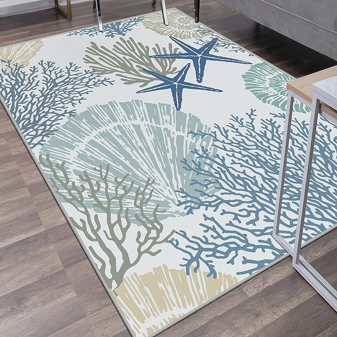 Tritard Coastal Area Rugs Nautical Beach Themed Non-Slip Machine Washable Rugs Modern Floor Carpet for Living Room Bedroom, 6x9, Blue
