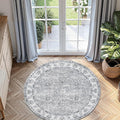 jinchan Fiora Round Rug 5ft Area Rug - Indoor Vintage Hallway Circle 5' Washable - Ultra-Thin Low Pile Soft Small Non Slip Distressed Floral Print for Living Room Dining Room Bedroom Entryway Grey