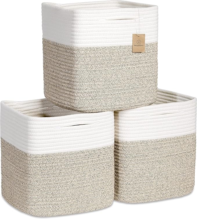 NaturalCozy Storage Cubes 11 Inch Cotton Rope Woven Baskets for Organizing, 3-Pack | Cube Bin Square Shelves Organizer, Classroom, Kids Toy Bins, Closet, Baby Nursery