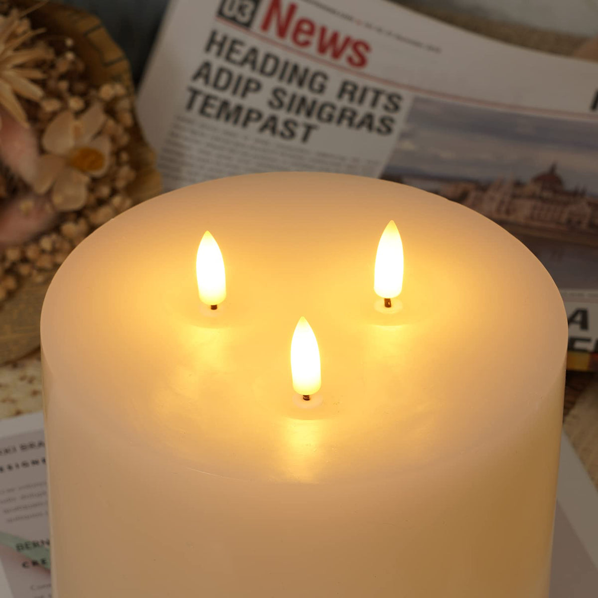 Amagic 6x6 Extra Large Flameless Candles – 3 Wicks, Remote, Real Wax Ivory