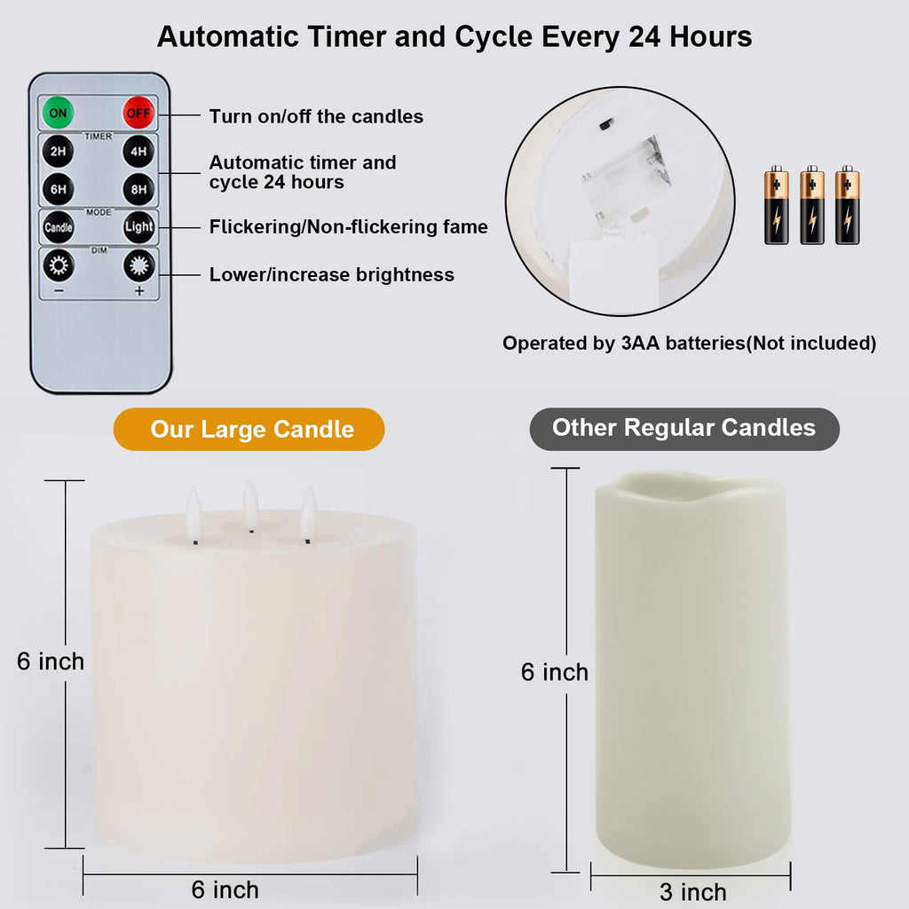 Amagic 6x6 Extra Large Flameless Candles – 3 Wicks, Remote, Real Wax Ivory