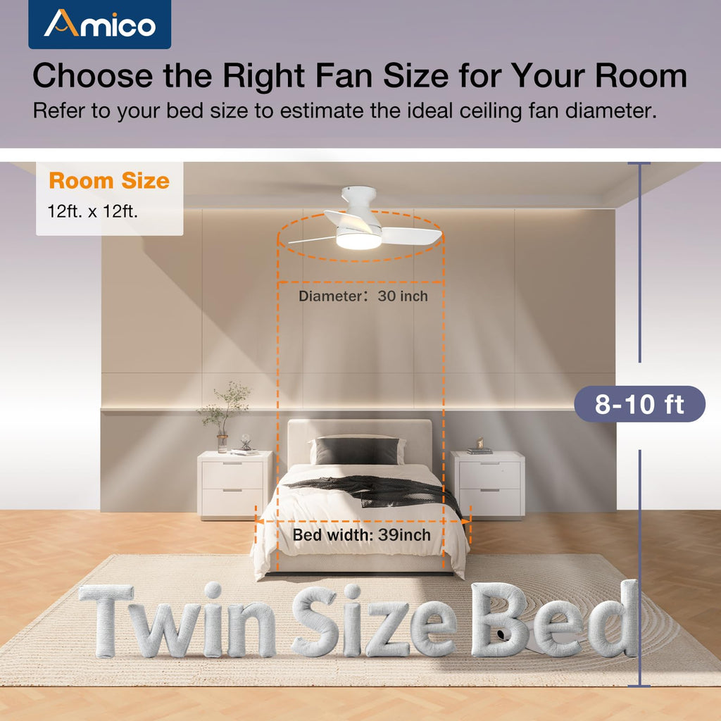 Amico 30-Inch Ceiling Fan with Light – Remote, Flush Mount, 3CCT, Dimmable, Quiet