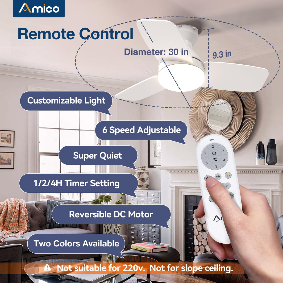 Amico 30-Inch Ceiling Fan with Light – Remote, Flush Mount, 3CCT, Dimmable, Quiet