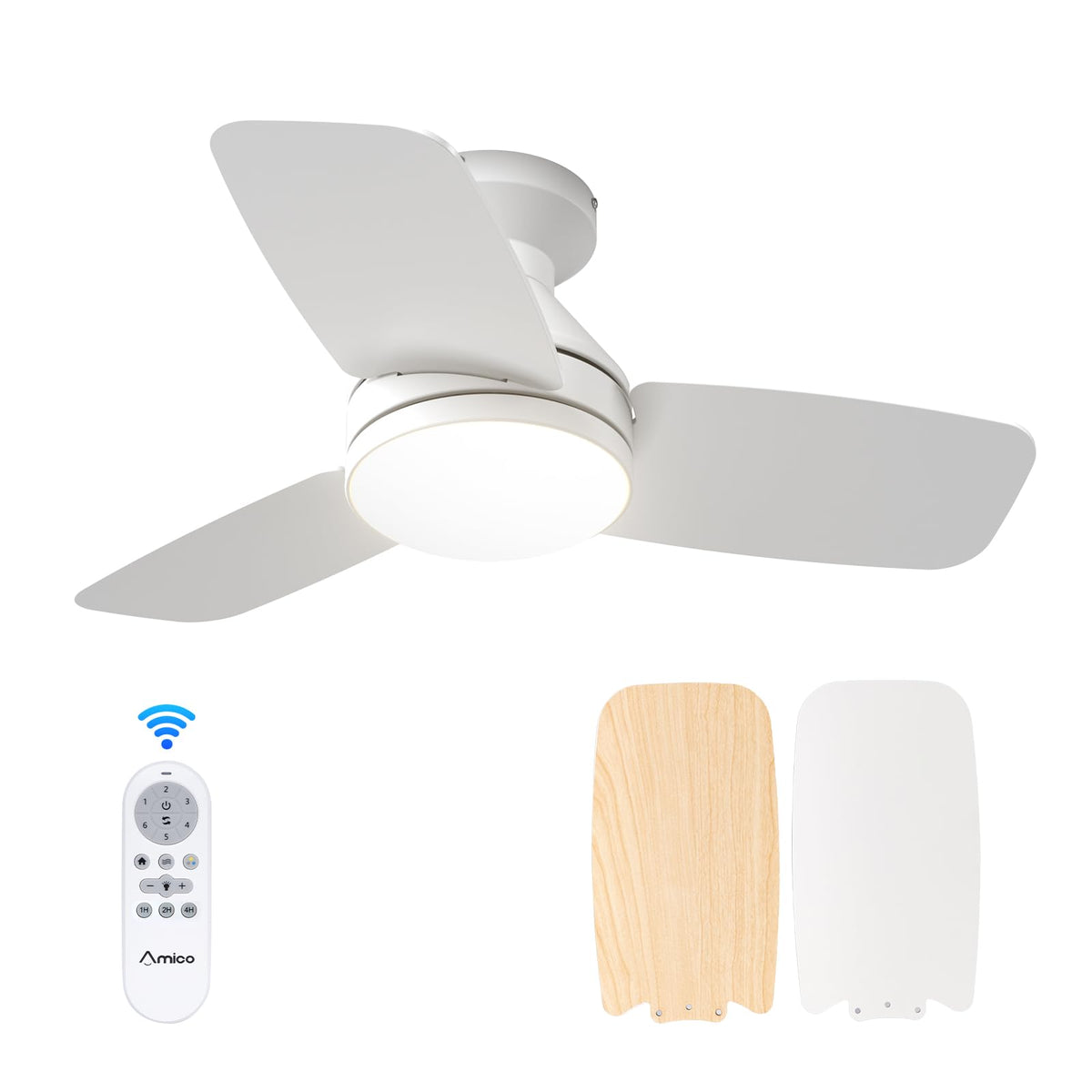 Amico 30-Inch Ceiling Fan with Light – Remote, Flush Mount, 3CCT, Dimmable, Quiet