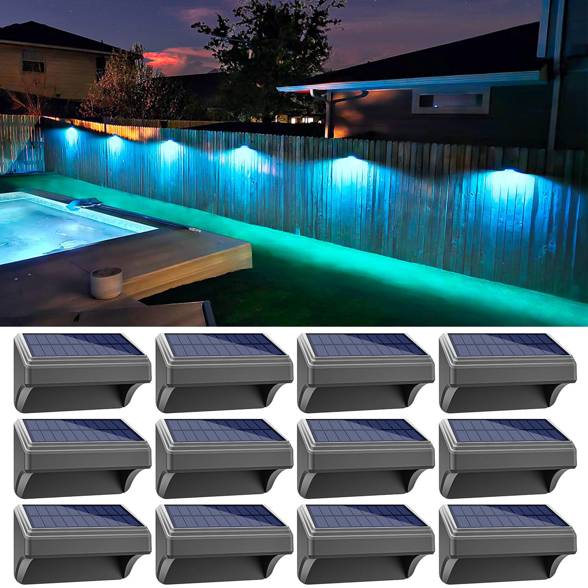 Aulanto 12 Pack Solar Fence Lights | IP65 Outdoor LED with Warm White & RGB Modes