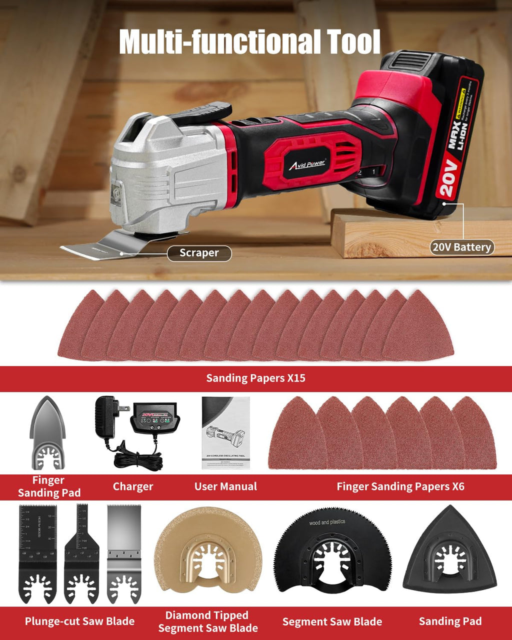 AVID POWER Cordless Oscillating Tool 20V – 18,000 OPM, 2.8° Oscillation, 31-Piece Kit