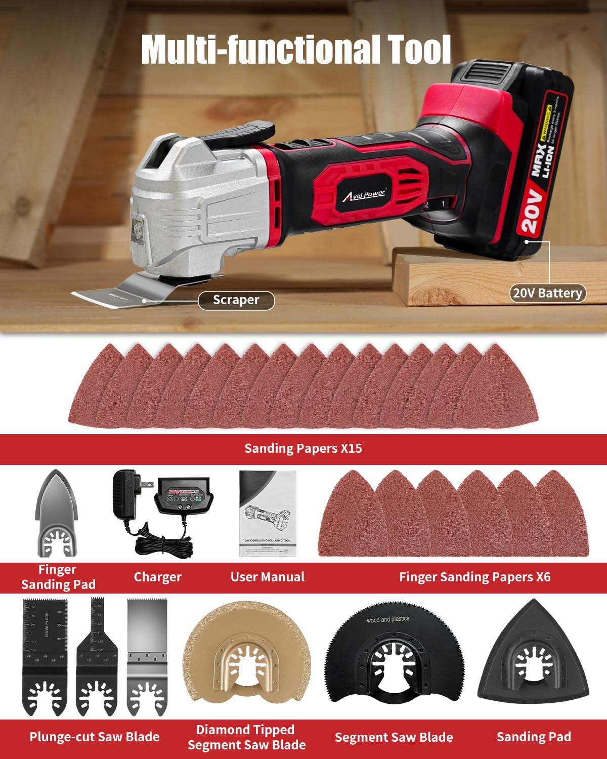 AVID POWER Cordless Oscillating Tool 20V – 18,000 OPM, 2.8° Oscillation, 31-Piece Kit