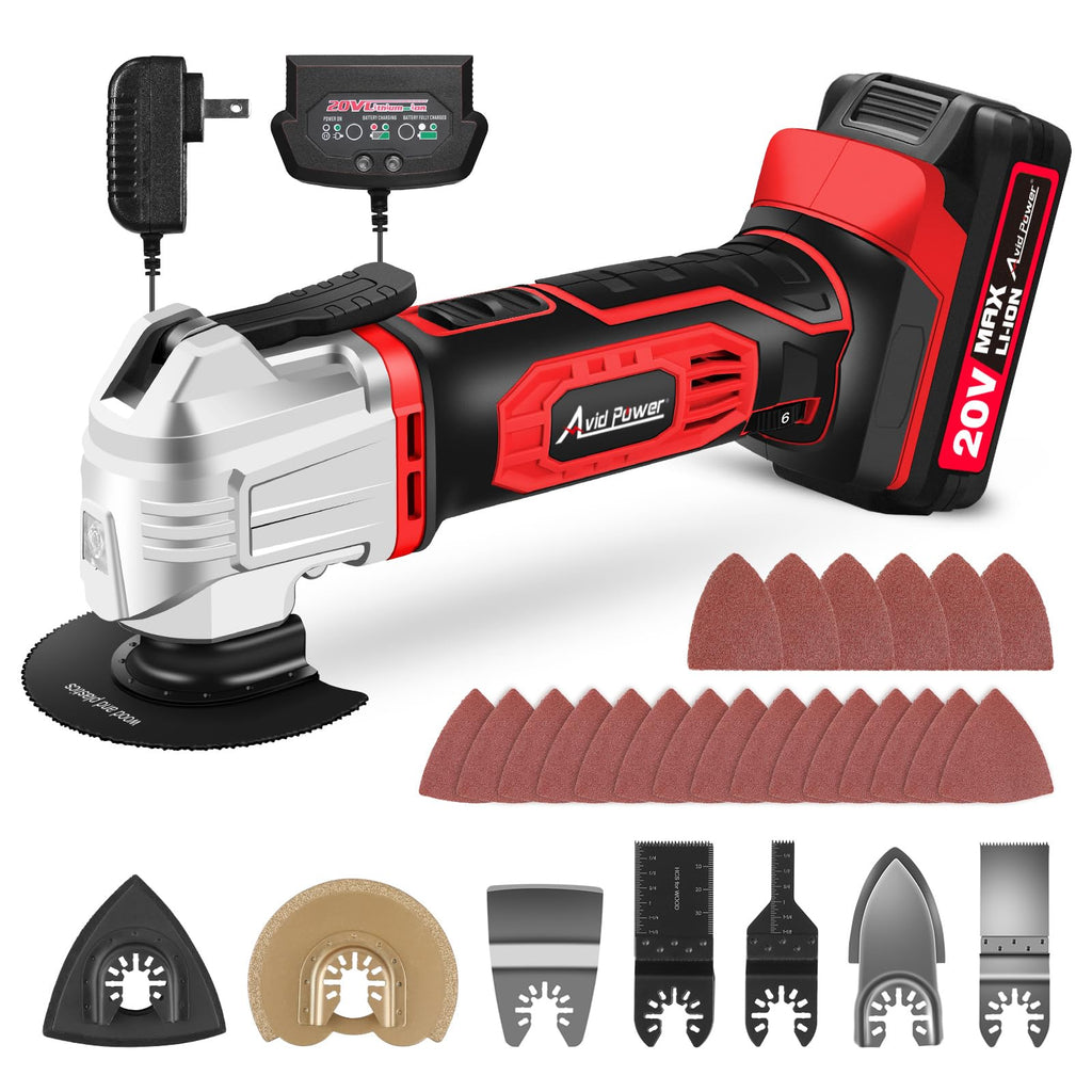 AVID POWER Cordless Oscillating Tool 20V – 18,000 OPM, 2.8° Oscillation, 31-Piece Kit