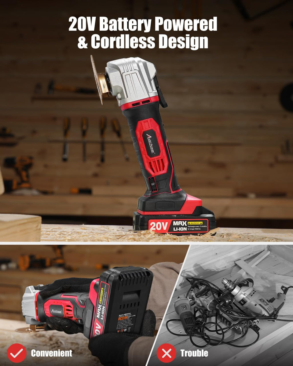 AVID POWER Cordless Oscillating Tool 20V – 18,000 OPM, 2.8° Oscillation, 31-Piece Kit
