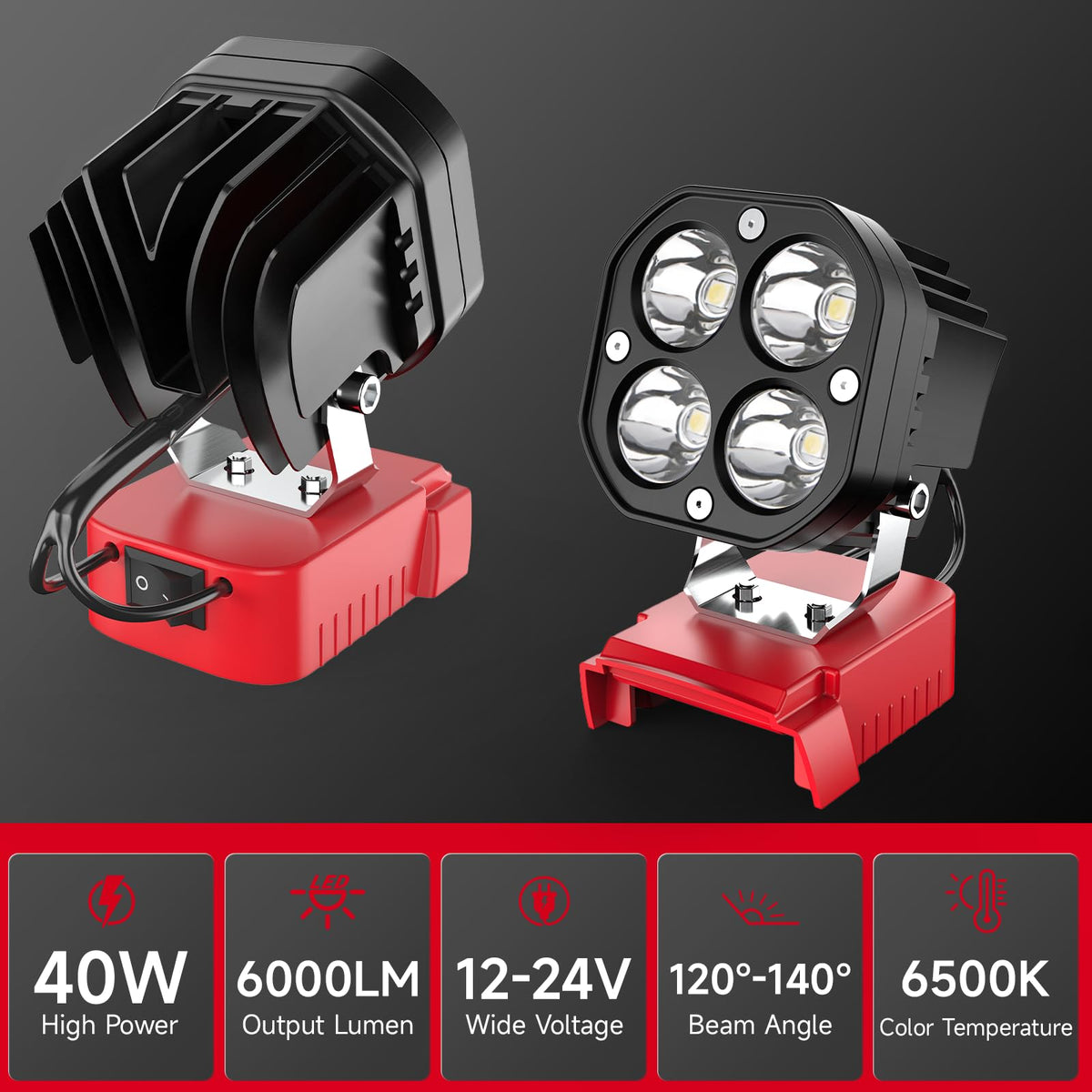 Azocek LED Work Light | 40W 6000LM, Milwaukee 18V Battery Compatible, 120° Adjustable