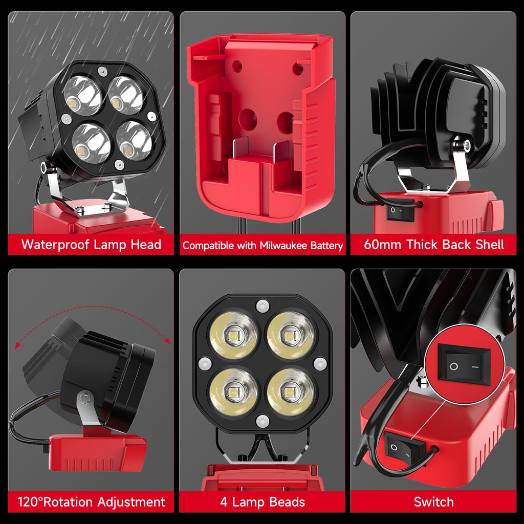 Azocek LED Work Light | 40W 6000LM, Milwaukee 18V Battery Compatible, 120° Adjustable