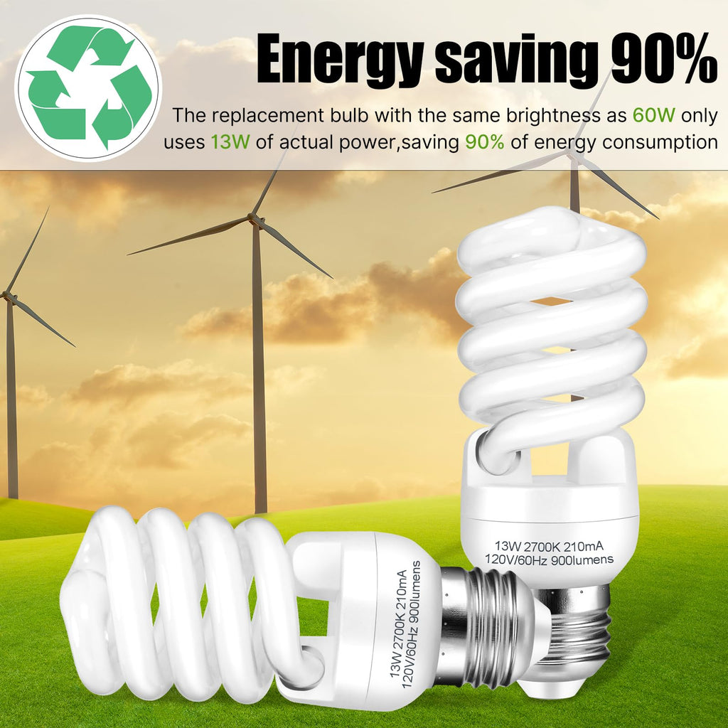 Barfelty E26 CFL Light Bulbs – 13W, 2700K, 900lm, Pack of 4 | UL Approved