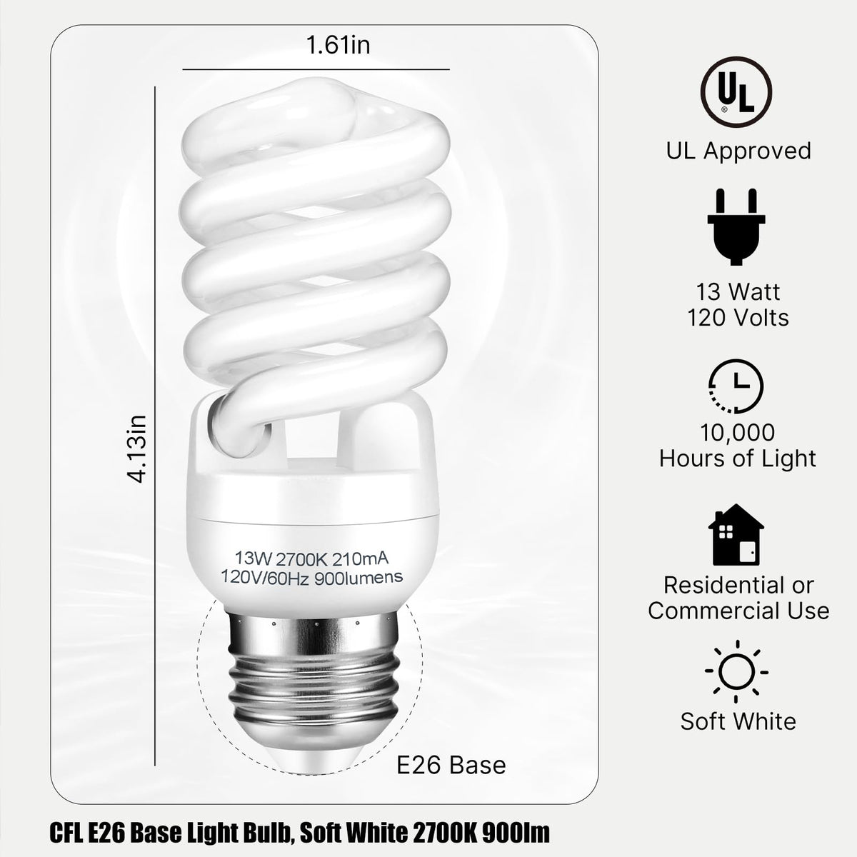 Barfelty E26 CFL Light Bulbs – 13W, 2700K, 900lm, Pack of 4 | UL Approved