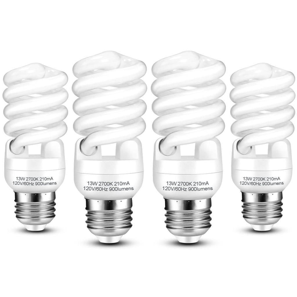 Barfelty E26 CFL Light Bulbs – 13W, 2700K, 900lm, Pack of 4 | UL Approved