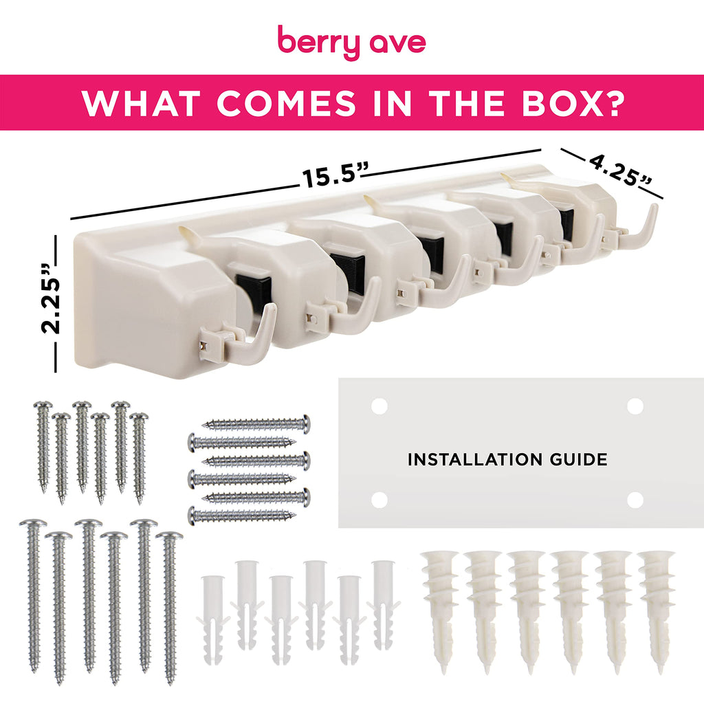 Berry Ave Broom Holder Wall Mount – 5 Slots & 6 Hooks | Heavy-Duty Mop & Broom Rack