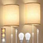 Beser·Win Plug-in Wall Sconce 2-Pack — 3 Color Modes, Beige Linen Shade, UL-Certified