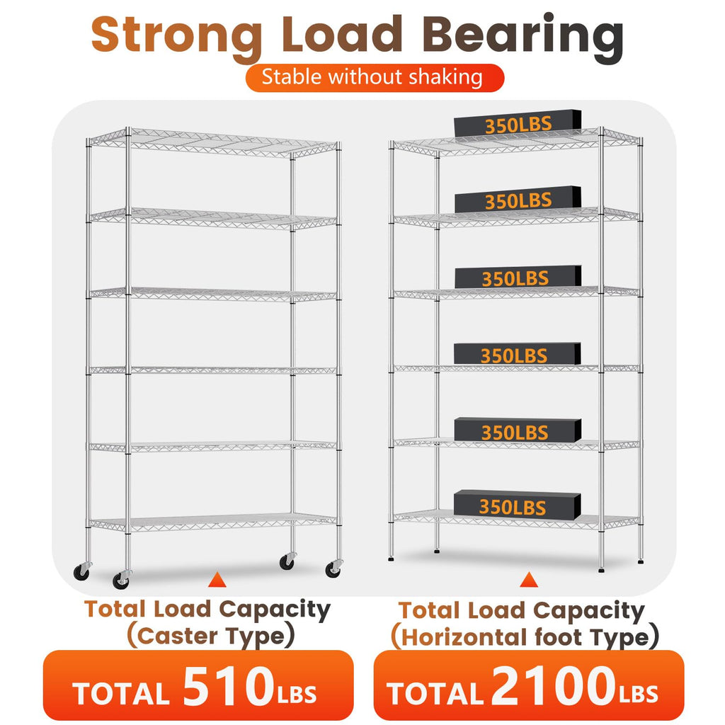 BestOffice 6-Tier Chrome Wire Shelves with Wheels | Heavy-Duty, No-Tool Assembly