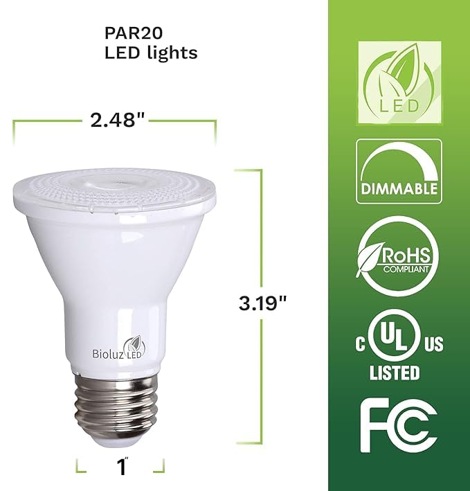 Bioluz LED PAR20 3000K Bulbs – 90 CRI, 5.5W, 75W Replacement, Dimmable, E26, 40° Beam, UL Listed, 4-Pack